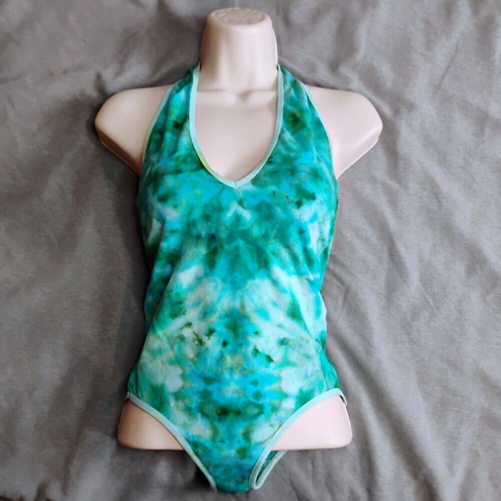 American Apparel Green Tie Dye Bodysuit Small Halter Neck Cotton Blend Festival